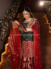 Pakistani Bridal Sharara with Short Kurti Online with Heavy Embroidered Dupatta 