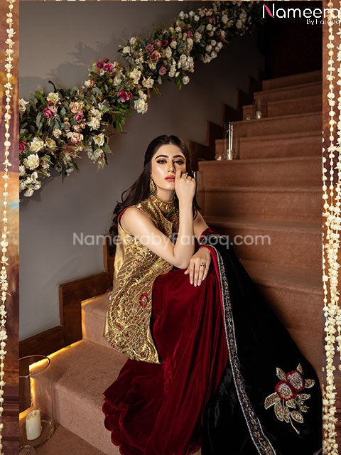 Latest Pakistani Bridal Wear with Short Shirt with Velvet Sharara