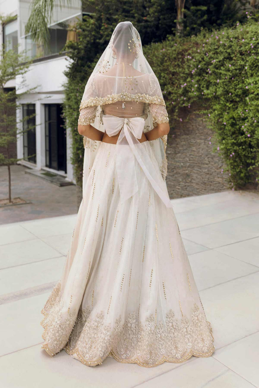 Elegant Pakistani Bridal White Gold Lehenga Choli Set