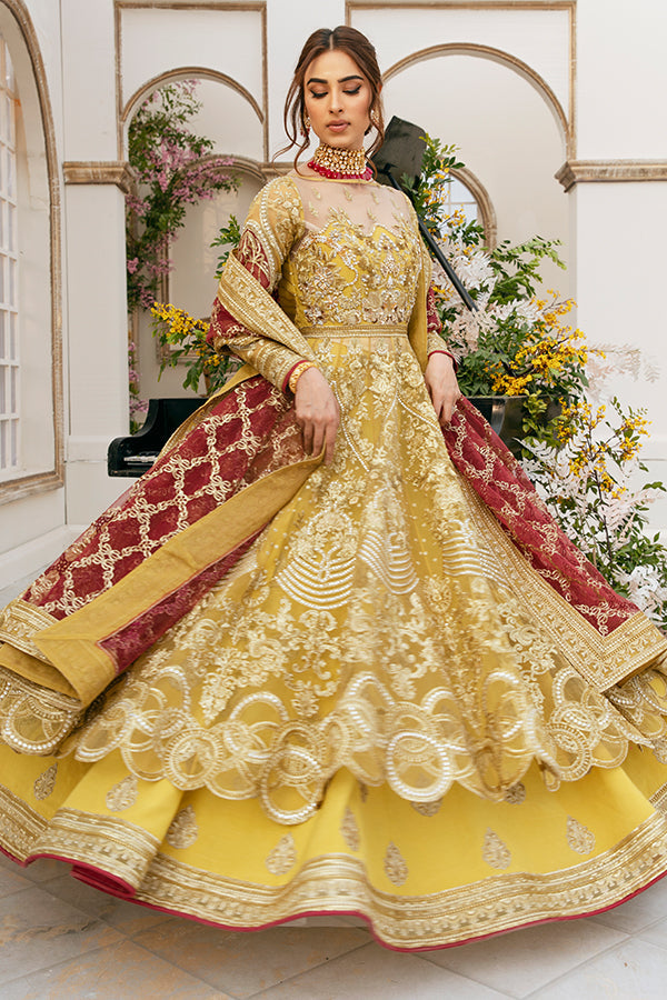 Latest Pakistani Bridal Yellow Lehenga Frock Dress