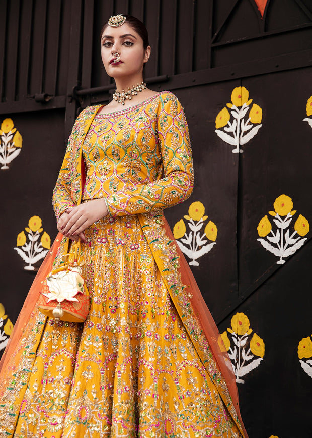 Latest Pakistani Bridal Yellow Orange Lehenga Choli