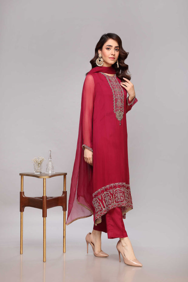 Latest Pakistani Chiffon Dress in Kameez Trouser Dupatta Style