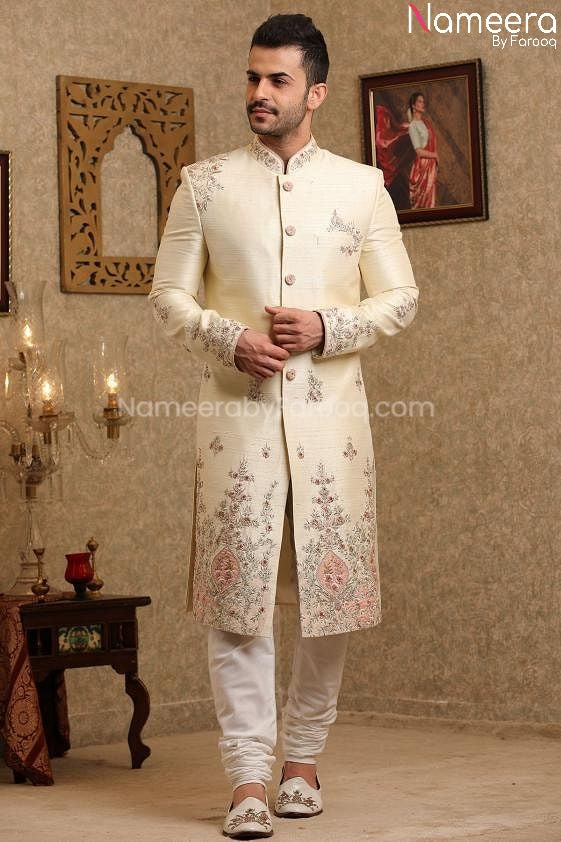 Latest Pakistani Cream Sherwani for Groom Online Side PSOE