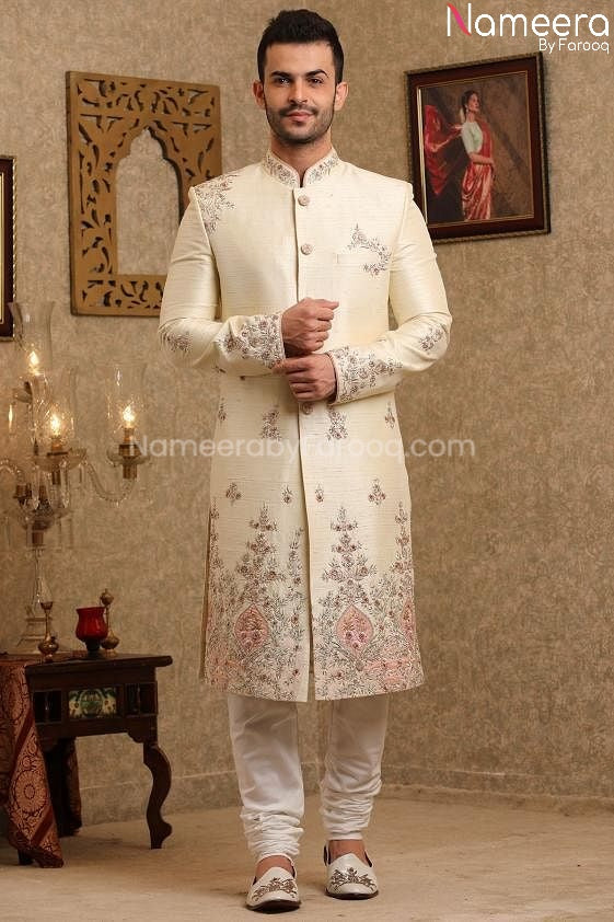 Latest Pakistani Cream Sherwani for Groom Online Overall Look