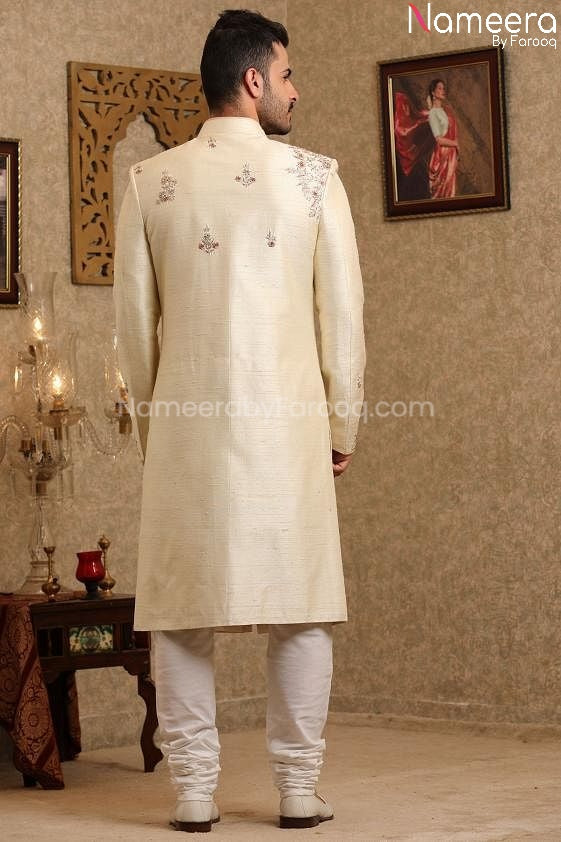 Latest Pakistani Cream Sherwani for Groom Online Backside view