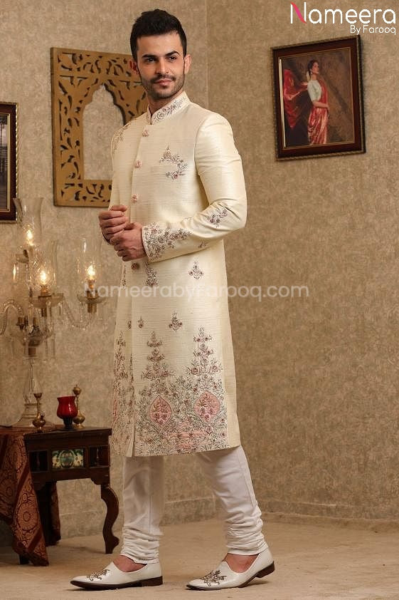 Latest Pakistani Cream Sherwani for Groom Online Side look