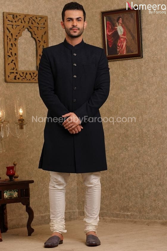 Latest Pakistani Designer Black Sherwani Online Front Look