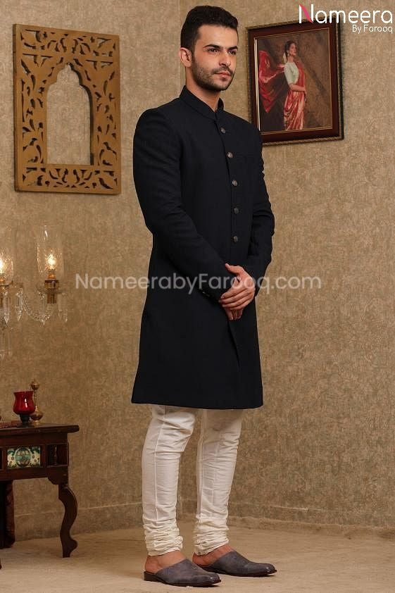 Latest Pakistani Designer Black Sherwani Online