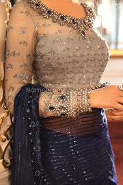Latest Pakistani Designer Saree in Blue Color Neckline Embroidery
