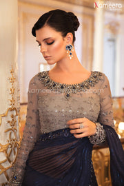 Latest Pakistani Designer Saree in Blue Color Front Look