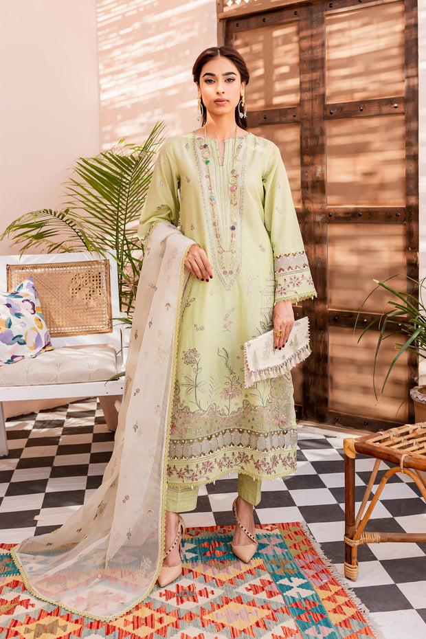 Latest Pakistani Eid Dress in Green Lawn Kameez Trouser Style