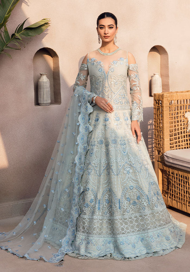 Latest Pakistani Embroidered Ice Blue Pishwas with Dupatta Party Wear 2023