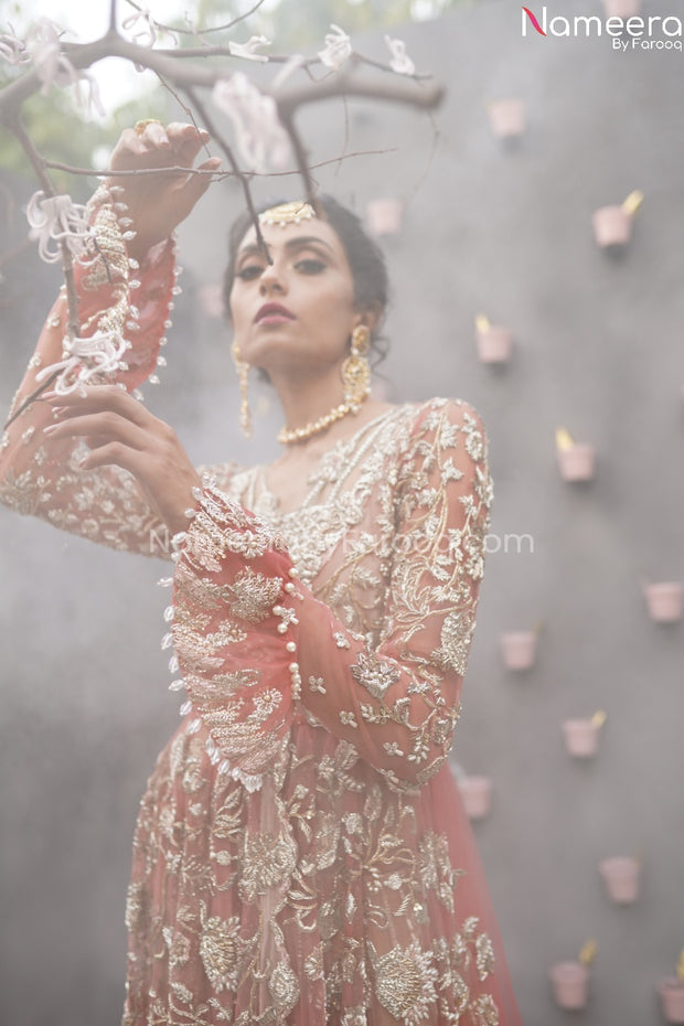 Latest Embroidered Wedding Dress in Coral Color Close Up View