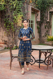 Latest Pakistani Gown and Trouser Dress in Blue Color for Eid
