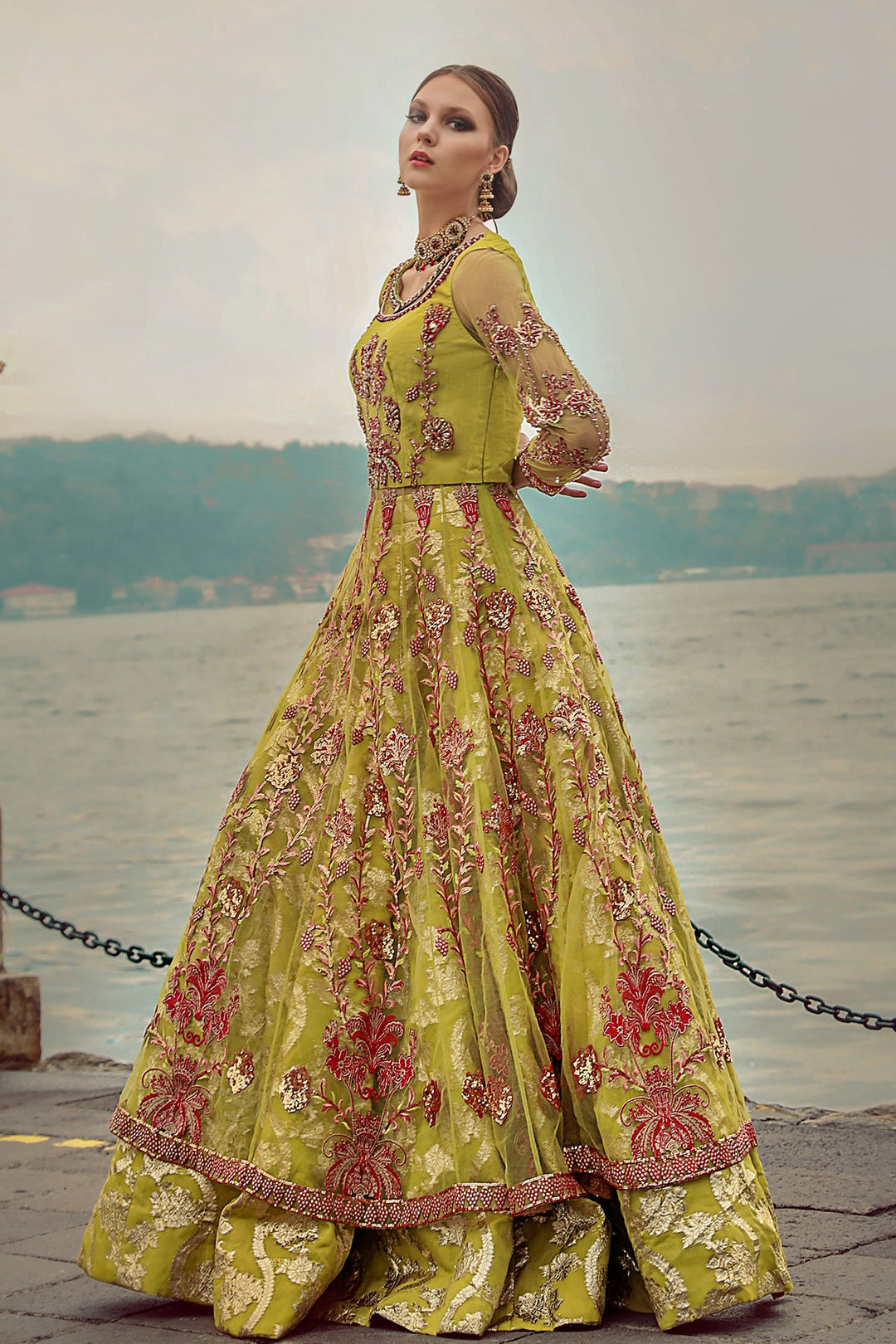 Latest Pakistani Green Dress in Lehenga Pishwas Style