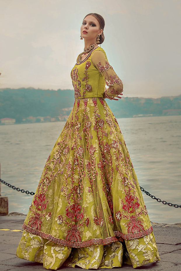 Latest Pakistani Green Dress in Lehenga Pishwas Style