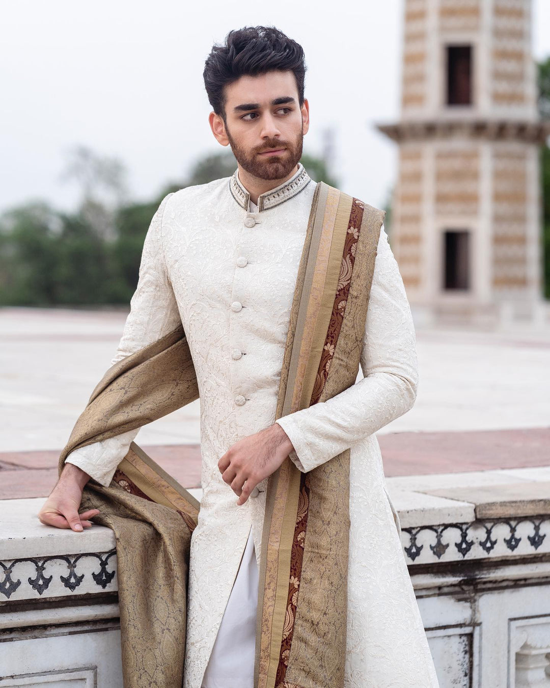 Latest Pakistani Groom Dress in Sherwani Style with Shawl
