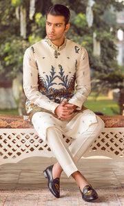 Latest Pakistani Groom Kurta Pajama and Waistcoat in White