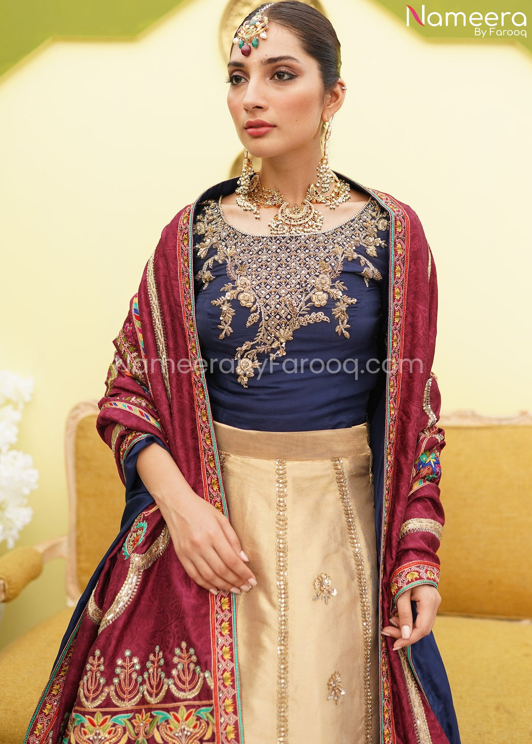 Latest Pakistani Lehenga Choli Online Shopping Neckline Embroidery