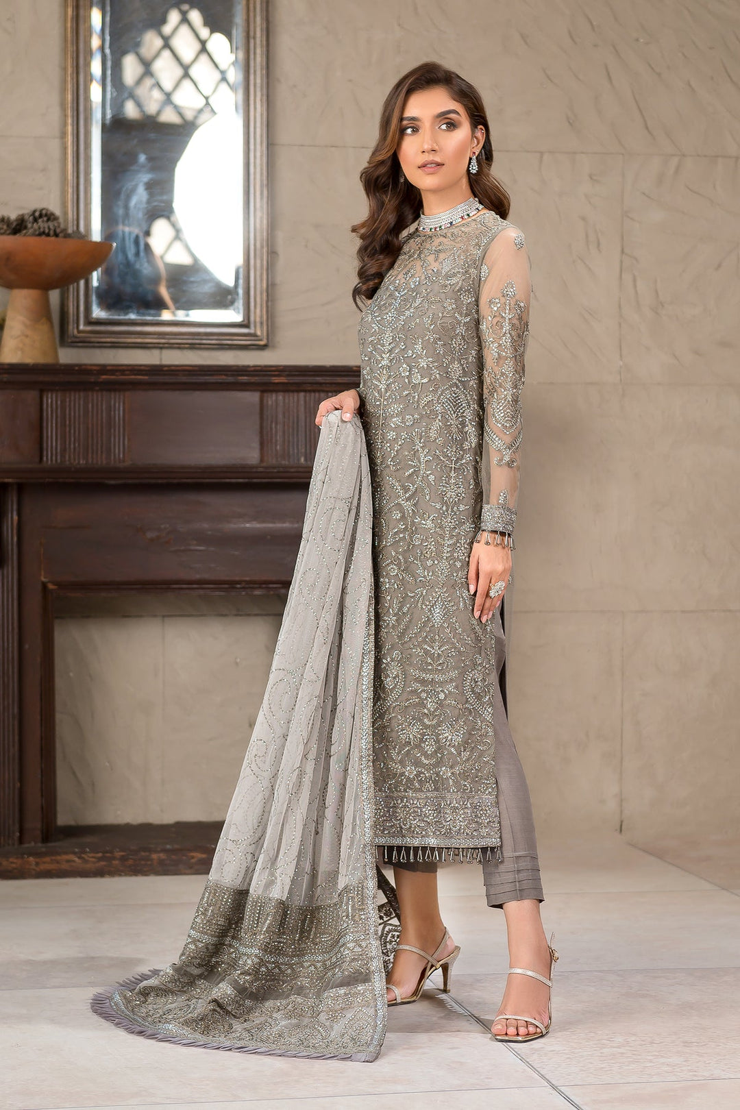 Latest Pakistani Long Kameez and Capri Party Wear in Greyish Black 2023