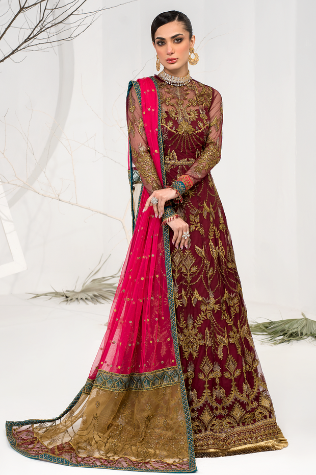 Latest Pakistani Maroon Embroidered Pishwas Wedding Dress 2023