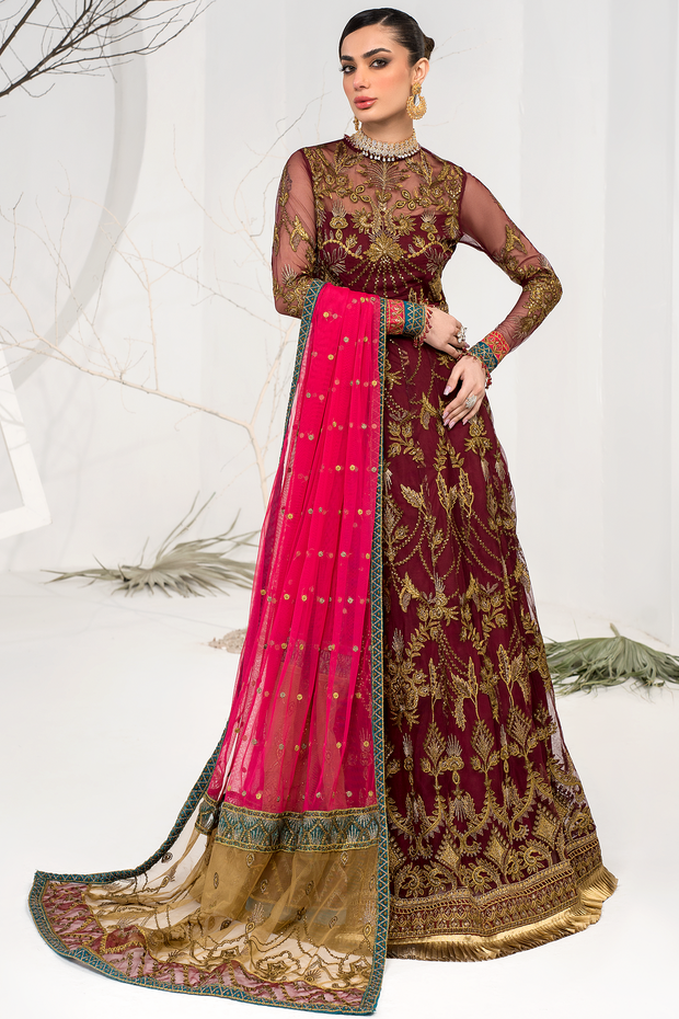 Latest Pakistani Maroon Embroidered Pishwas Wedding Dress