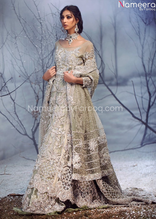 Latest Pakistani Maxi Dress Lehenga Ivory Color Overall Look