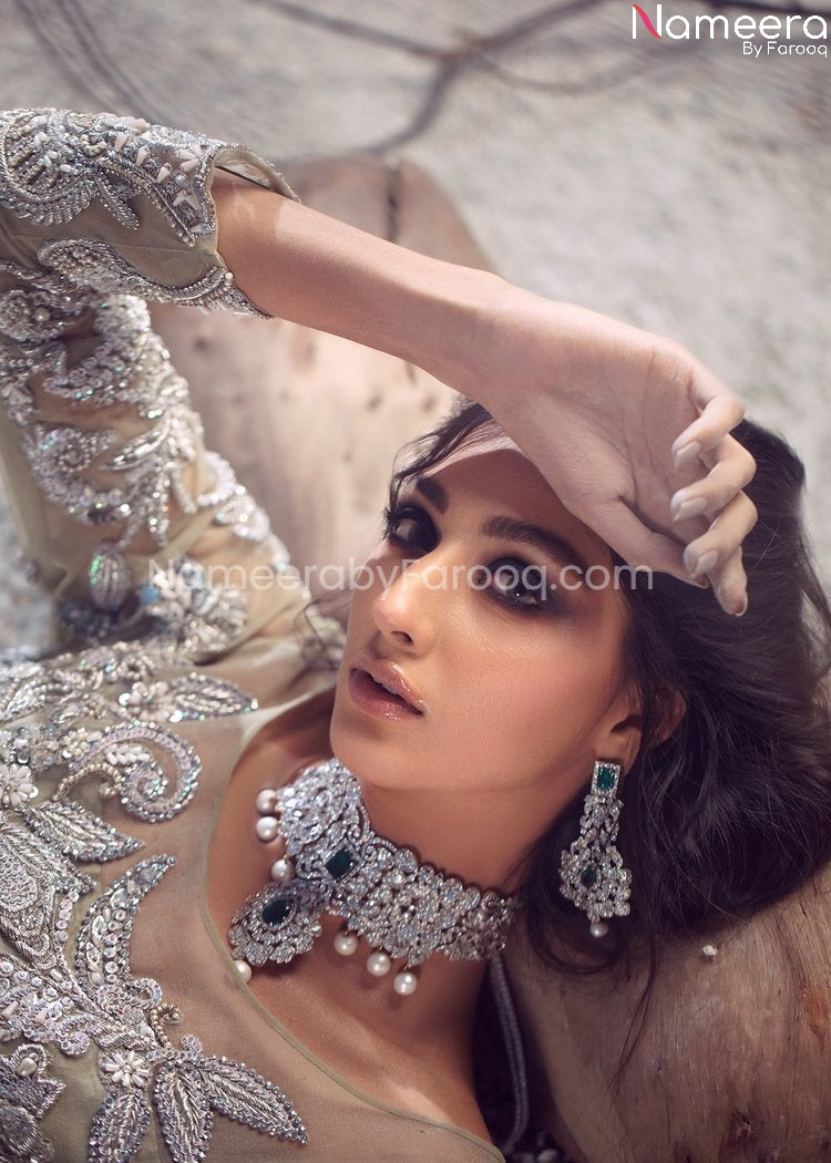 Latest Pakistani Maxi Dress Lehenga Ivory Color Neckline View