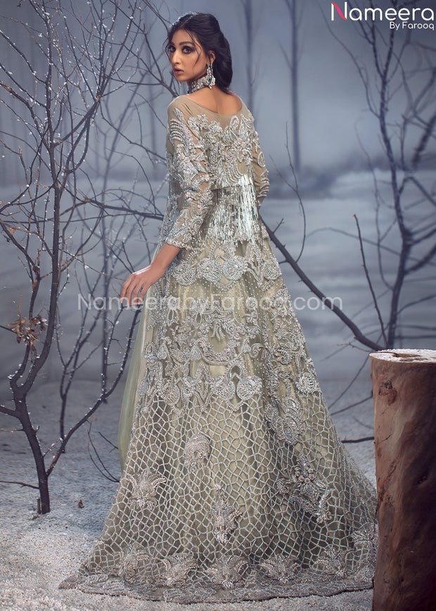 Latest Pakistani Maxi Dress Lehenga Ivory Color Backside View