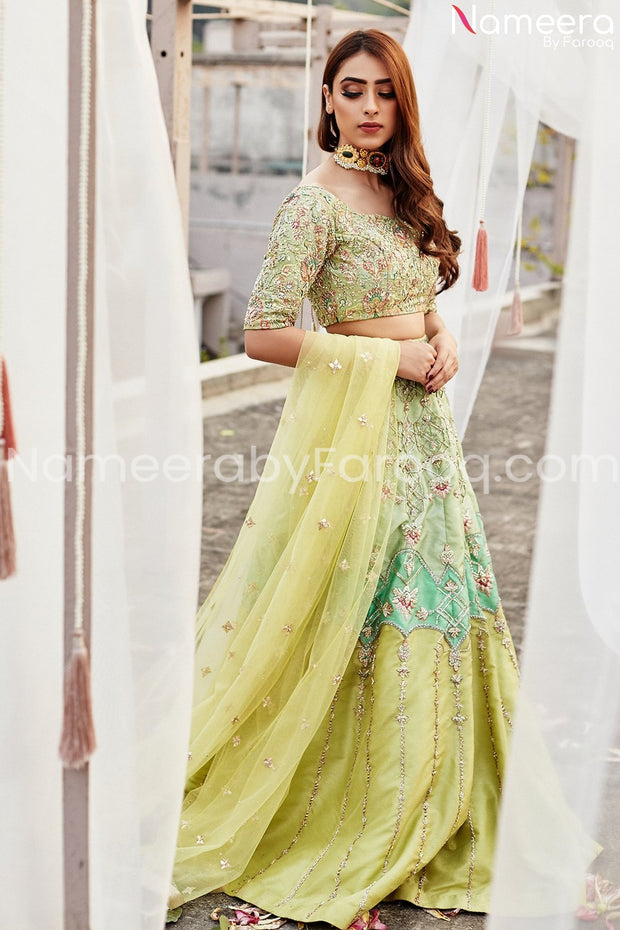 Latest Pakistani Mehndi Lehenga in Green Color 