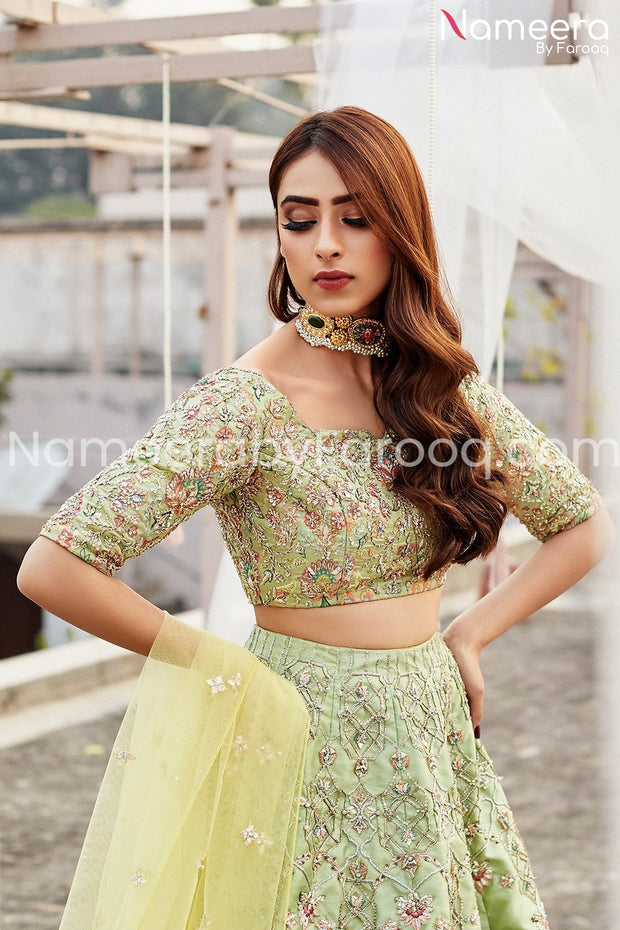 Latest Pakistani Mehndi Lehenga in Green Color Close Up