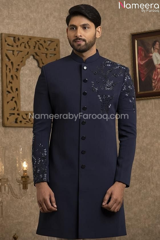 Latest Pakistani Navy Blue Sherwani for Groom Closeup View