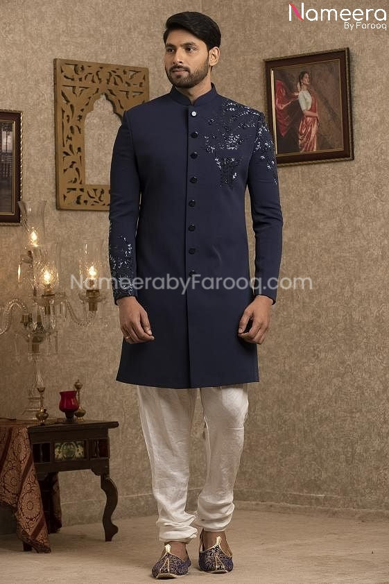 Navy blue groom sherwani top