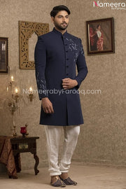 Latest Pakistani Navy Blue Sherwani for Groom  Front Look