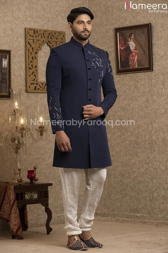 Latest Pakistani Navy Blue Sherwani for Groom  Front Look