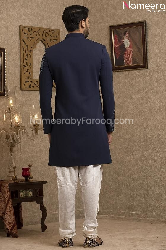 Latest Pakistani Navy Blue Sherwani for Groom  Backside View