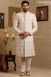 Latest Pakistani Off White Sherwani for Wedding Front Look