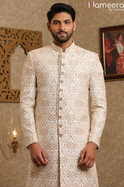 Latest Pakistani Off White Sherwani for Wedding Closeup View