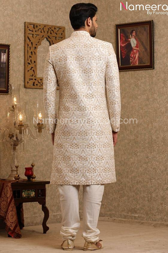 Latest Pakistani Off White Sherwani for Wedding Backside View