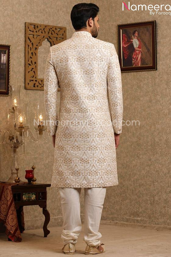 Latest Pakistani Off White Sherwani for Wedding Backside View