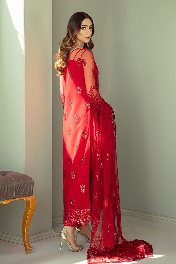 Latest Pakistani Party Dress in Embroidered Kameez Trouser and Red Dupatta Style in Premium Net