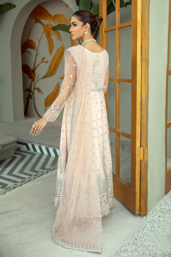 Latest Pakistani Party Dress in Embroidered Pishwas Frock with Raw Silk Trousers and Dupatta Style