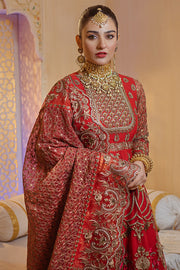 Latest Pakistani Party Dress in Embroidered Raw Silk Red Lehenga and Traditional Pishwas Style