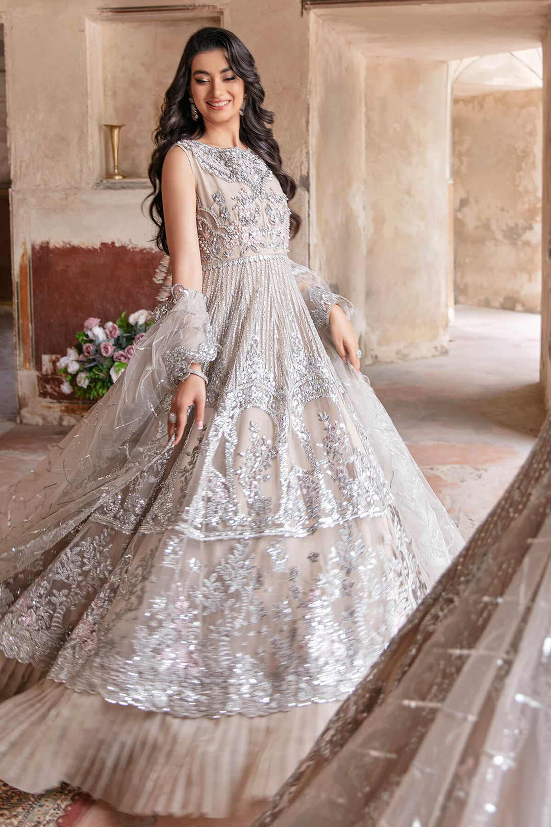 Latest Pakistani Party Dress in Premium Net Embroidered Maxi Dupatta and Lehenga Style