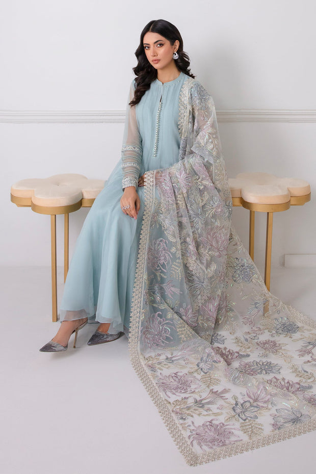 Latest Pakistani Party Frock With Dupatta In Sky Blue Color 2023
