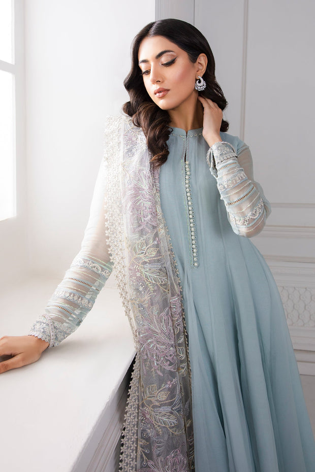 Latest Pakistani Party Frock With Dupatta In Sky Blue Color