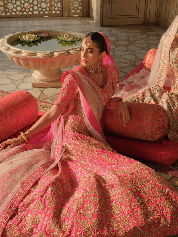 Latest Pakistani Pink Bridal Lehenga with Choli and Dupatta