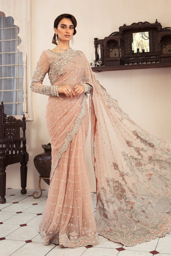 Latest Pakistani Powder Pink Saree Wedding Dress Online – Nameera