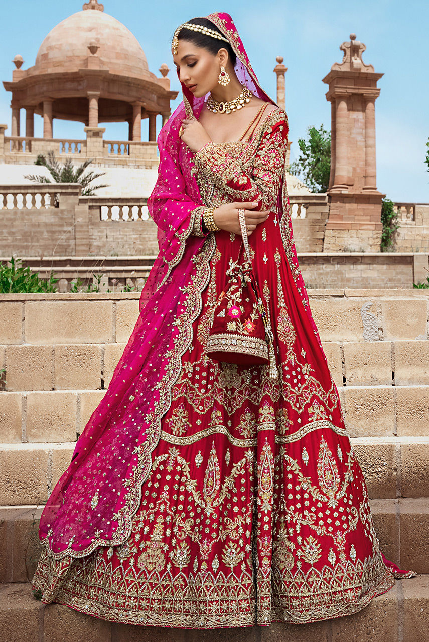 Pakistani Red Bridal Dress - Raw Silk Gown Style