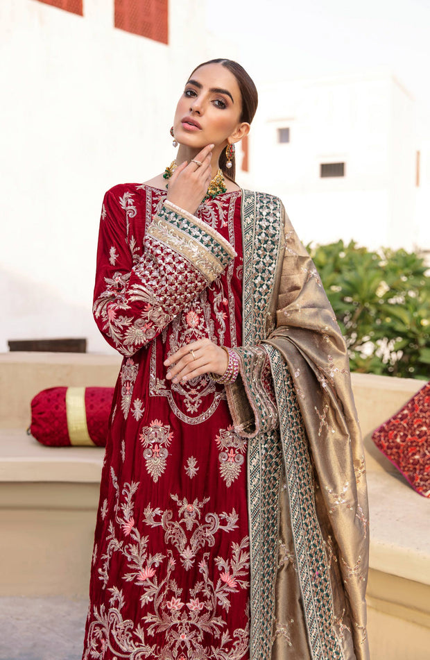 Latest Pakistani Red Dress in Velvet by Designer Online
